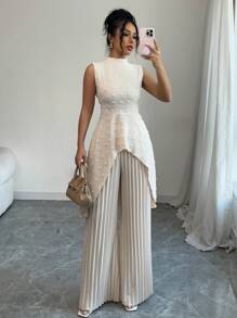 Elenzga 2pcs/Set Women Elegant Vacation Textured Fuzzy Sweater And Wide Leg Pleated Pants