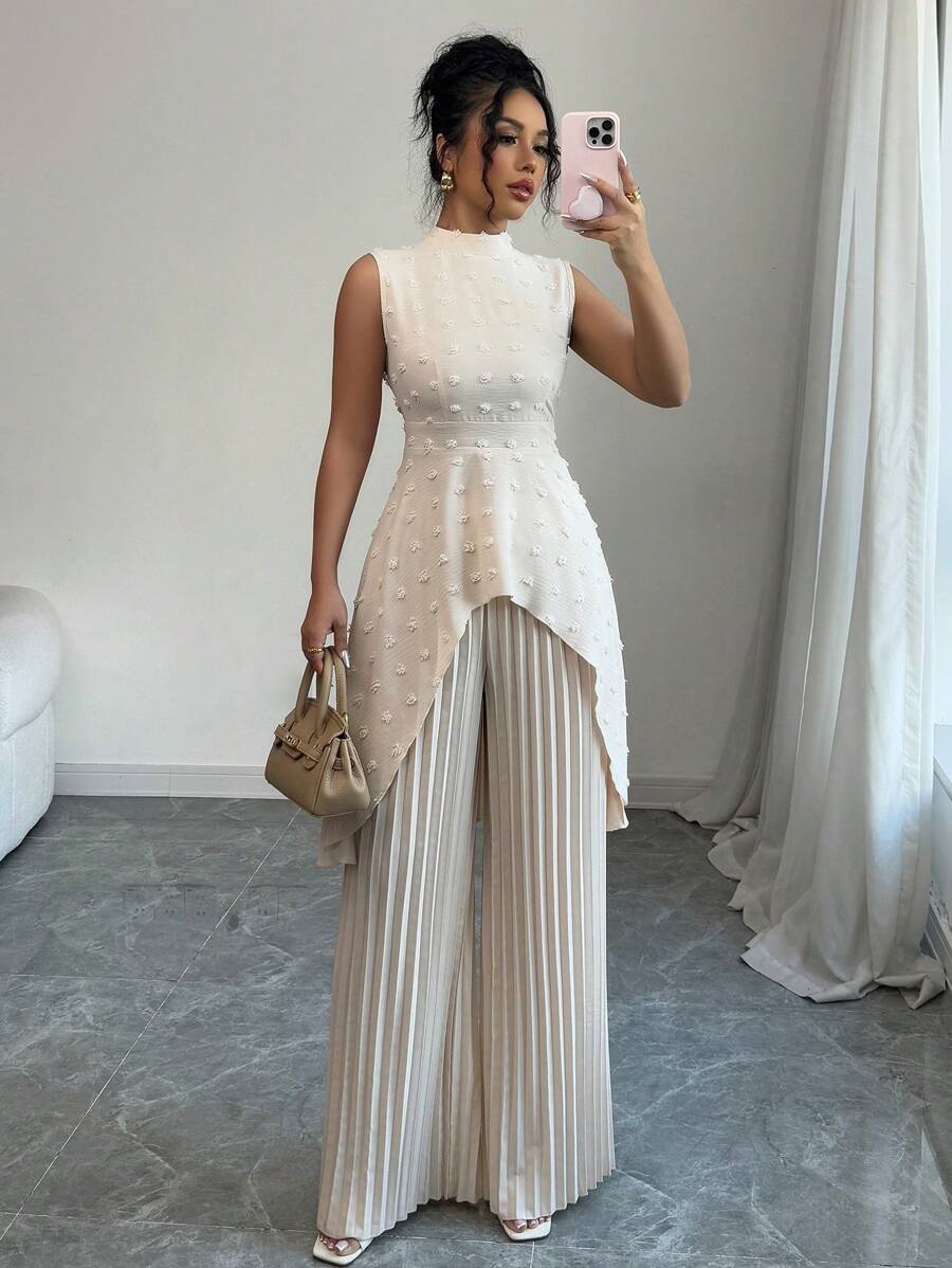 Elenzga 2pcs/Set Women Elegant Vacation Textured Fuzzy Sweater And Wide Leg Pleated Pants