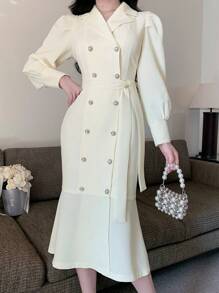 DAZY Vestido midi liso con mangas abullonadas y escote en V, para mujer, con volantes, vestido largo de manga larga para otoño