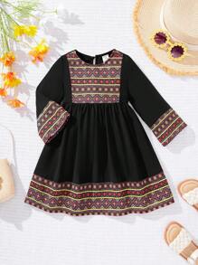 SHEIN Adorable Geometric Pattern Long Sleeve Dress For Baby Girls, Spring/Summer - Black - View 2