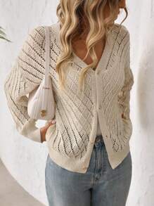 SHEIN LUNE 休闲纯色镂空心形纽扣女式针织开衫