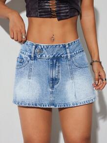 SHEIN ICON Minifalda corta de mezclilla con cintura baja y dobladillo deshilachado para mujeres - Lavado ligero - Ver 1