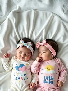 2 Pieces Baby Girls Sweet Heart & Cloud Print Long Sleeve Footie Pajamas And Headband Set - Multicolor - View 2