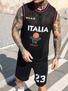 Manfinity LEGND Conjunto de top de tirantes y shorts con estampado de letras para baloncesto de hombres - Multicolor - Ver 1