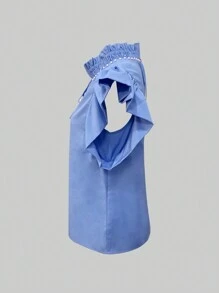 SHEIN Privé 女士纯色仿珍珠装饰休闲衬衫 - 藍色 - 查看 3