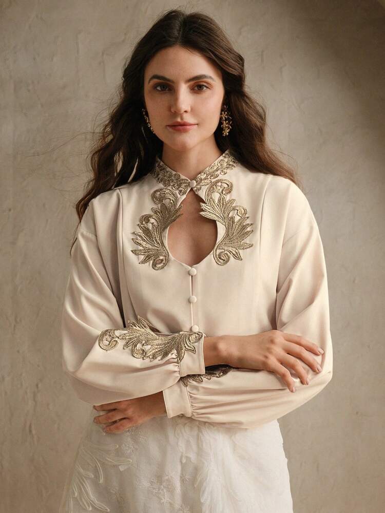 Keyhole Neck Luxury Embroidered Patchwork Women Blouse, Spring For Women