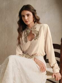 Anewsta V 领奢华刺绣拼布女式衬衫，女士春季服装