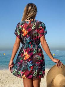 Swim Lushoire 女式 V 领短袖印花简约罩衫，休闲和度假装，适合夏季海滩度假 - 彩色 - 查看 2