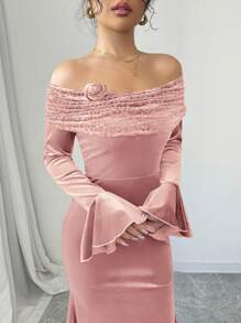Modelyn Velvet Patchwork Splice Off Shoulder Fitted Dress For Women For New Year Clothes Fall Cloth For Women - Pink - View 5