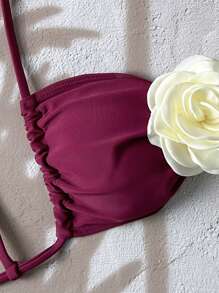 SHEIN Swim Springbreak 2025 Women Solid Floral 3D Strap Swimwear Top - Burgundy - View 3