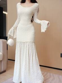 Modelyn Women U-Neck Bell Sleeve Patchwork Mermaid Hem Bodycon Elegant Date Dress - Apricot - View 5