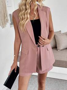 SHEIN Clasi Modisches, elegantes Damen Urlaubs-Set mit ärmellosem Oberteil, dekorativer Tasche und Shorts, Leinenstruktur, für Frühling/Sommer