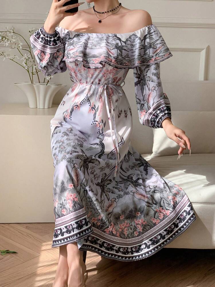 Print Contrast Color Floral Print Full Flare Dress With Off Shoulder Ruffle Hem And Self Tie Waist For Women,Fall Dress Long Sleeve Dress Boho