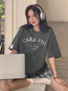 DAZY 2pcs Women's Loose Plaid Shorts Sleepwear Set With English Letter Print Pajama - Grey - View 10