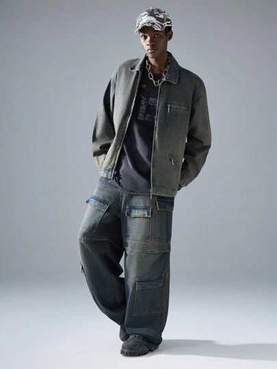 NEON BLANC Men's Street Casual Woven Grey Denim Long Sleeve Suit Jacket