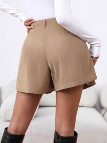 女士灯芯绒休闲短裤，简约时尚日常穿着 - 卡其色 - 查看 2