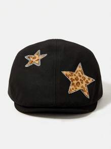 SHEIN ICON Rhinestone Star & Leopard Print Beret Hat, Casual For Everyday Wear - Black - View 1