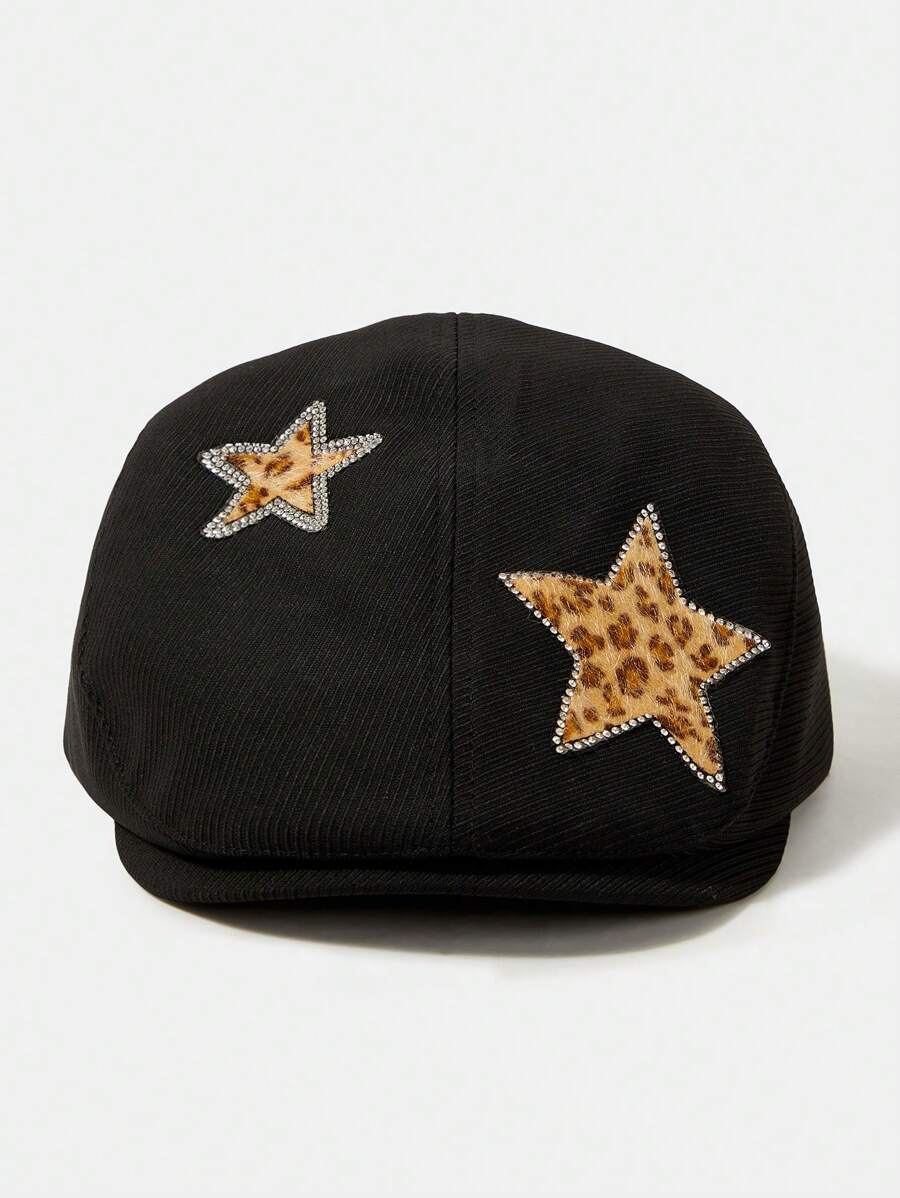 SHEIN ICON Rhinestone Star & Leopard Print Beret Hat, Casual For Everyday Wear - Black - View 1