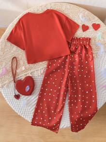 SHEIN Genkimix Kids 2pcs Young Girls Red Short Sleeve Floral Print Top And Wide Leg Pants Set, Spring/Summer - Red - View 2