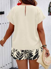 Breezaya Regular 2pcs Plus Size Women Boho Tropical Plant Print Short Sleeve Top And Shorts Set, For Summer