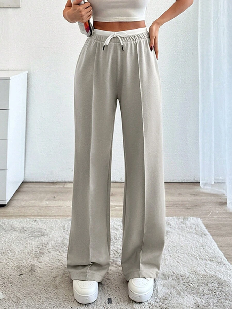 EURMUSE Drawstring Waist Pants - Beige - View 1