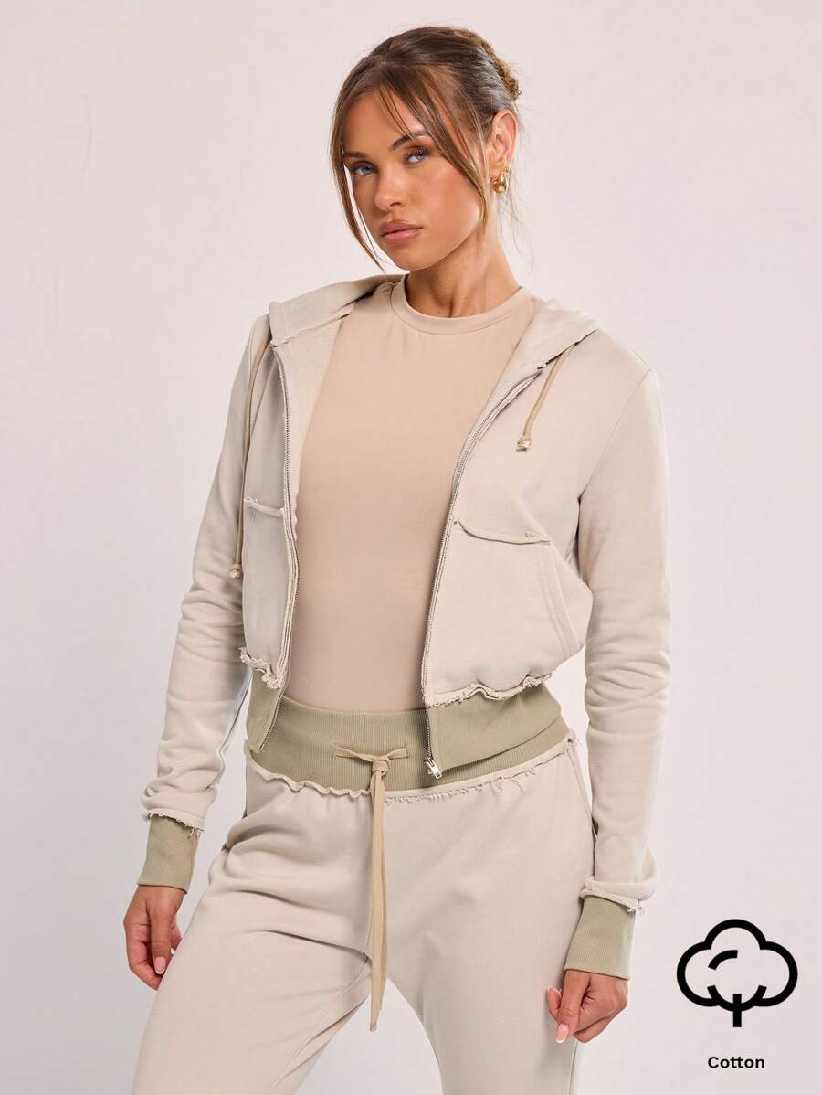 MUSERA Distressed Trim Zip Up Hooded Sweatshirt - Khaki - View 1