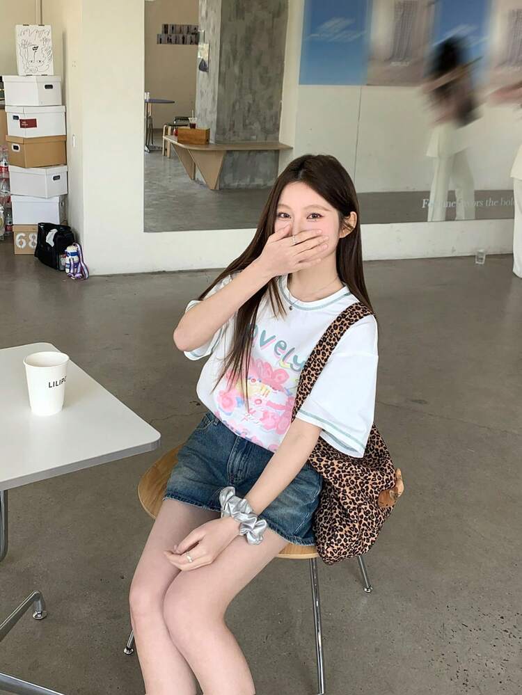 Women's Cartoon Print Round Neck Short Sleeve Simple T-Shirt, Casual Daily Wear Cute Top, Graphic Tee, Teacher