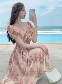 DAZY 女式甜心领系带正面花卉印花长款衬衫裙太阳裙