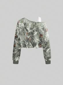 Sweetra Colorblock Branch & Forest Graphic Asymmetrical Shoulder Strap Cropped Women Hoodie Graduation,Back To School Outfits,Graduation,Teacher Outfits For Women,Back To School