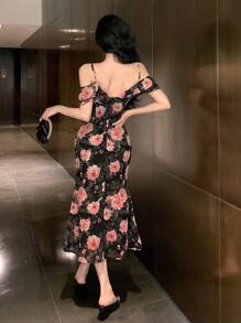 DAZY 女士花卉荷叶边连衣裙 舞会礼服 优雅女士复活节礼服 - 黑色 - 查看 2