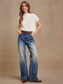 WESTFADE 立领短袖罗纹针织胸袋毛衣上衣 女式西式服装 - 米色 - 查看 3