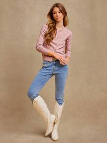 WESTFADE Summer Crewneck Button Front Long Sleeve Cardigan Sweater Festival - Pink - View 2