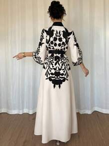 Breezaya 女士优雅复古印花喇叭袖连衣裙（附抹胸）2 件套 - 杏色 - 查看 3