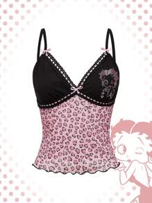 Betty Boop | ROMWE Women's Cartoon Character Rhinestone Pattern Heart Leopard Print Color Block Cami Top For Summer
