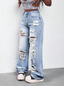 SHEIN Slayr Women's Distressed Straight Leg Washed Denim Jeans