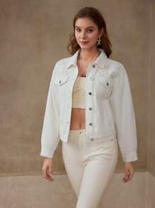 MOTF PREMIUM 刺绣纽扣牛仔夹克 - 白色 - 查看 7