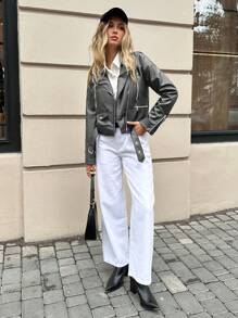 EURMUSE Women's Solid Color Zip Up Collar Long Sleeve Motorcycle PU Leather Jacket, Autumn - Grey - View 3