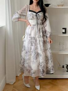 DAZY Women's Mythological Contrast Color Patchwork Mid-Length Dress,Ruffle,Fall Dress Long Sleeve Dress Floral Dresses For Women - White - View 6