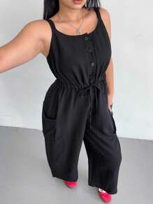 POPSWAY Plus Size Solid Color Straight Leg Jumpsuit With Suspenders, Casual Loose Design, Korean Style - Black - View 3