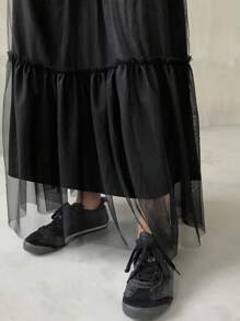 FRIFUL Women's Black Mesh Patchwork A-Line Skirt, Spring Fashion Fall Skirts - Black - View 4