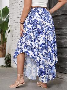 SHEIN VCAY Plus Size Holiday Blue & White Mixed Retro Print Drawstring Waist Asymmetrical Hem Boho Loose Casual Beach Skirt, Western Wear For Women, Festival, Boho, Hippie, Cowgirl Outfit, Bohemian, Summer Outfits For Women, Beach, Summer Clothes For Women, St. Patrick's Day Outfit, Spring Outfits For Women