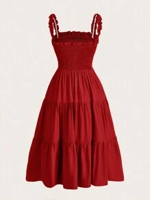 Revavyn 纯色荷叶边装饰荷叶边下摆连衣裙节日派对连衣裙波西米亚风度假时尚风格，适合夏季春秋季 - 紅色 - 查看 2