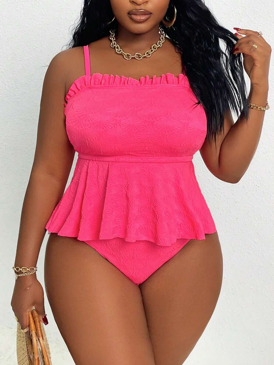 Slaydiva 2 件套大码女式可爱肩带荷叶边分体泳衣套装，适合夏季海滩度假