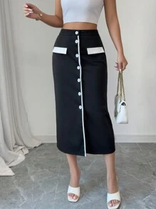 Elenzga 女士优雅度假和工作装黑白撞色中长裙 - 黑色 - 查看 4