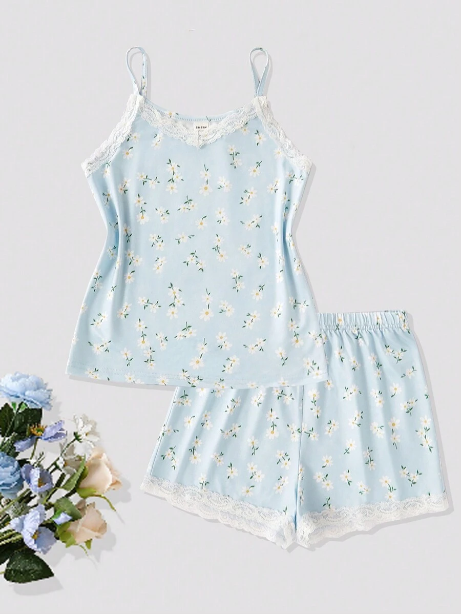 2pcs Tween Girls Ditsy Floral Sleeveless Top & Shorts Sets, Stylish & Lace Patchwork Home Outfit - Multicolor - View 1