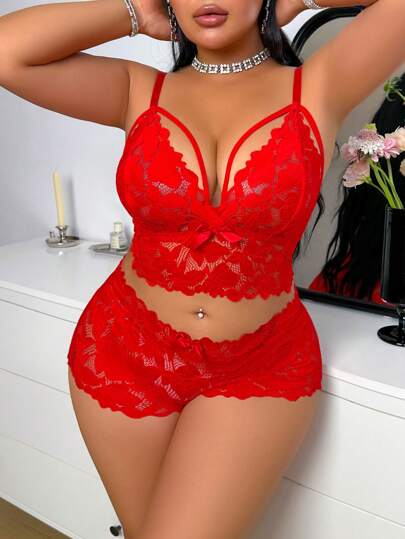 SHEIN 2pcs Plus Size Sexy Women Lace Lingerie Set