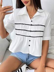 Chiquease Blusa holgada de manga corta con volantes y encaje contrastante para mujer - Blanco - Ver 6