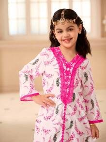 年轻女孩保守传统前襟花卉蕾丝边 V 领花卉复古印花长袖长袍，适合斋月、春夏秋季日常穿着和度假 - 彩色 - 查看 6