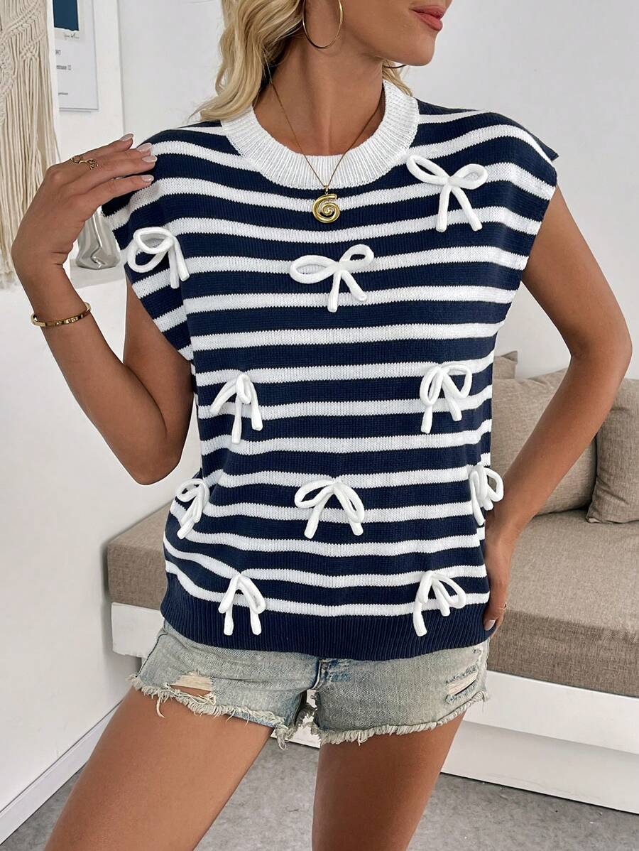 SHEIN LUNE Colorblock Striped Bow Decor Sleeveless Knit Top, Versatile To Wear Outerwear, Spring/Summer - Blue - View 1
