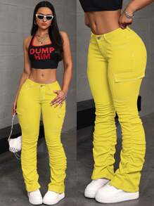 SHEIN ICON 女式纯色前扣口袋简约褶皱休闲牛仔裤 - 黃色 - 查看 1